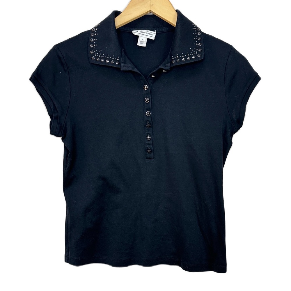 St John Sport Polo Shirt Black Embellished‎ Pullover Short Sleeve Women’s Small